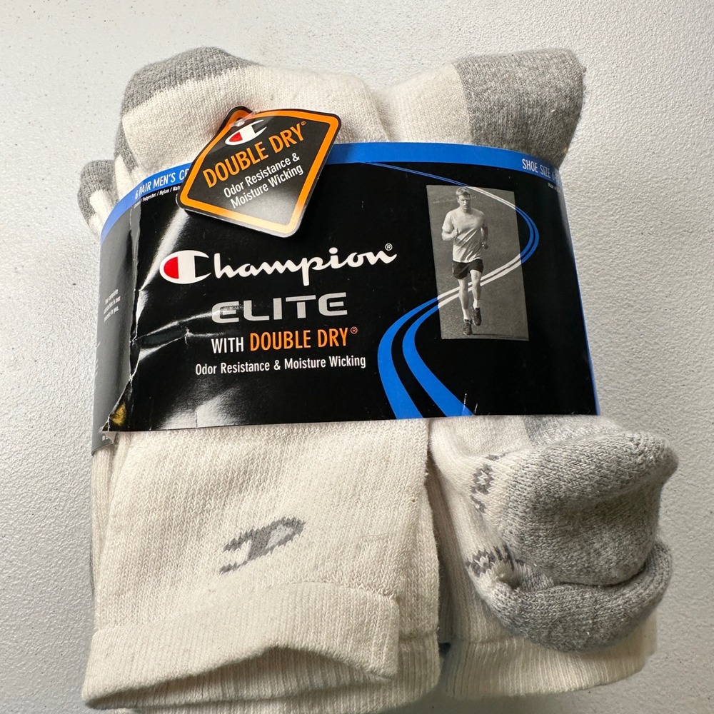 NOS Champion Elite Crew Socks White Grey Cotton Blend 6 Pair Pack Shoe Size 6-12